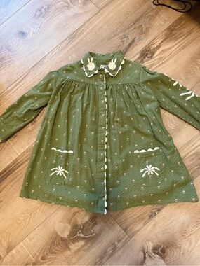 Green Floral-Embroidered Girls' Long-Sleeve Dress